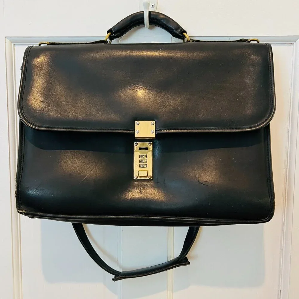 Jack Georges Leather Briefcase Messenger Bag Black Unisex Vintage Leather Gold
